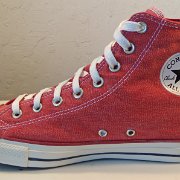 2017 Red Stonewashed High Top Chucks  Inside patch view of a 2017 right red stonewashed canvas high top.